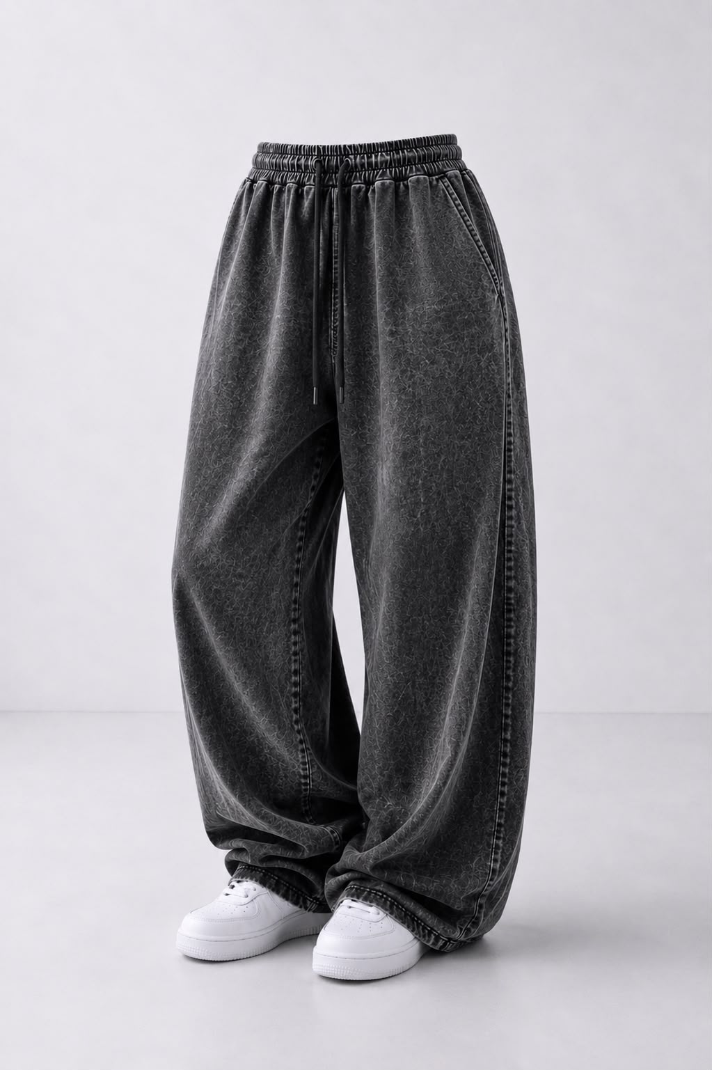 Grey Acid Wash Printed Baggy Track Pants