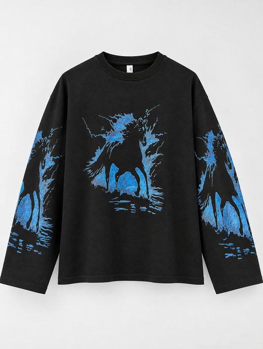 Electric Blue Graphic Oversized Full-Sleeve T-Shirt – Black