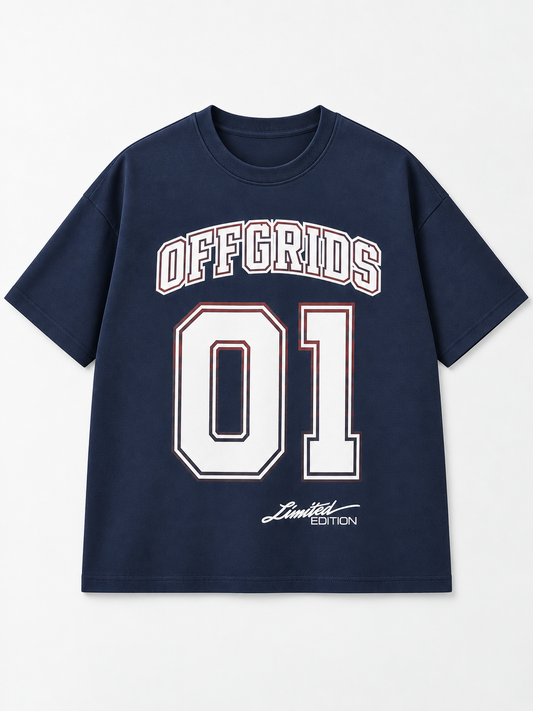 OFFGRIDS 01 Limited Edition Graphic T-Shirt – Navy Blue  Description