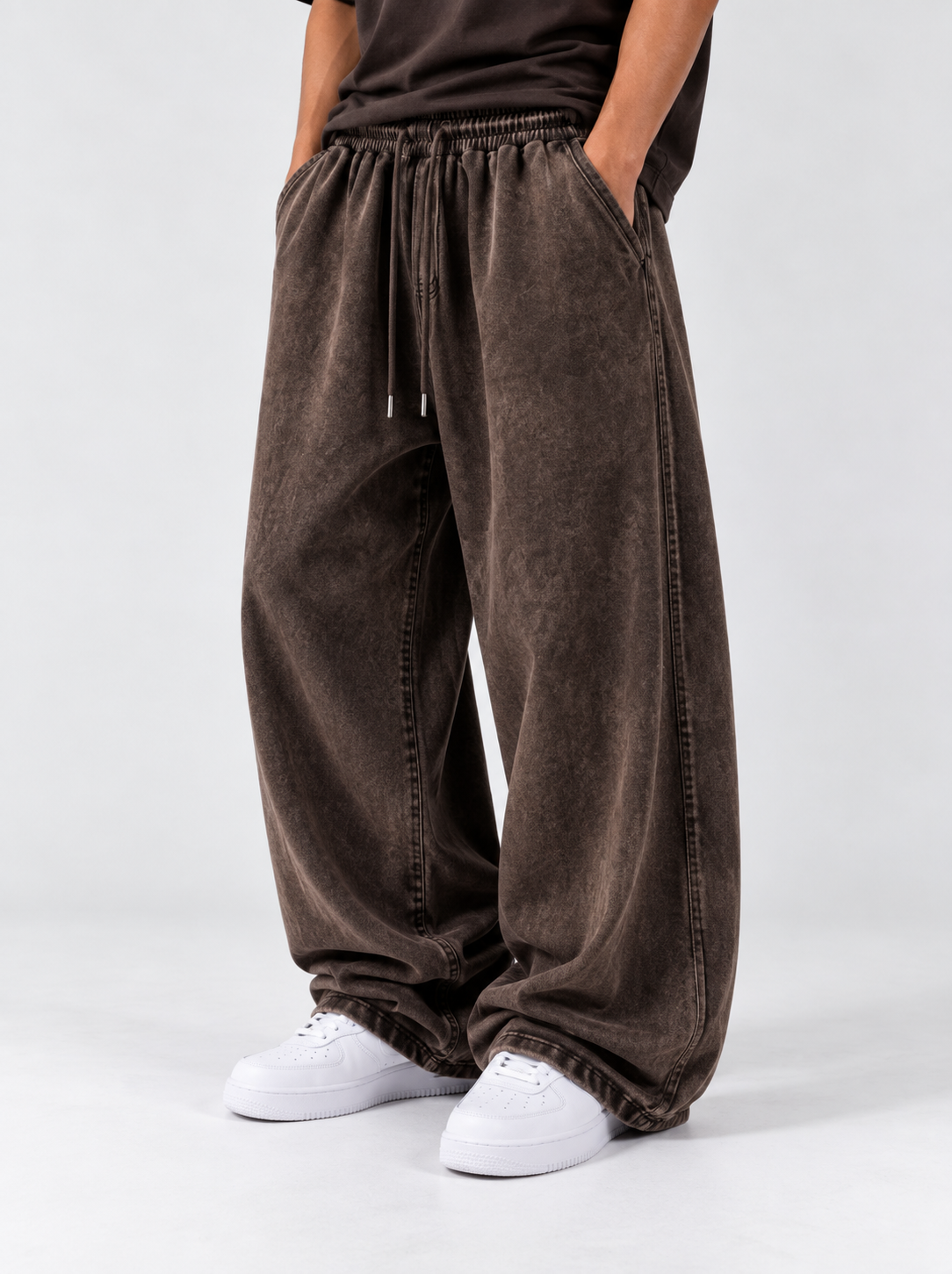 Brown Acid Wash Baggy Track Pants
