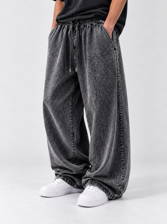 Grey Acid Wash Baggy Track Pants
