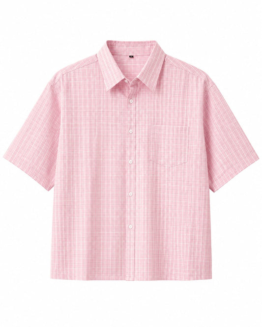 OFFGRIDS Unisex Pink Checkered Boxy Shirt | Premium Oversized Half Sleeve Streetwear Shirt