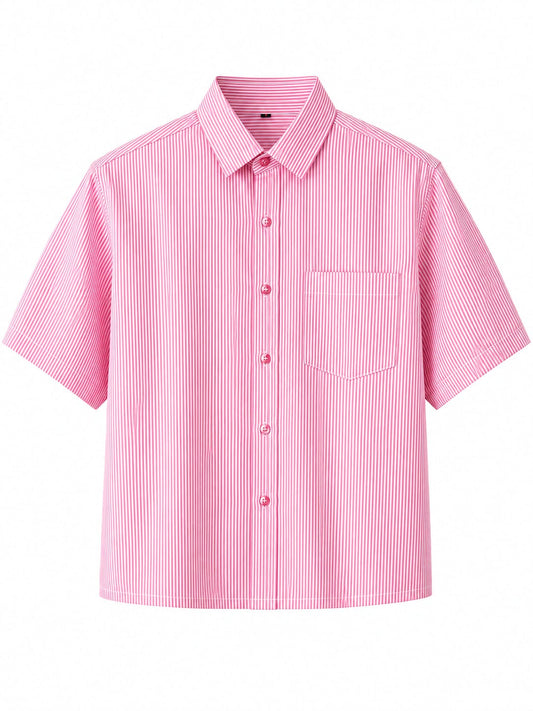 OFFGRIDS Unisex Pink Striped Boxy Shirt | Premium Oversized Half Sleeve Streetwear Shirt