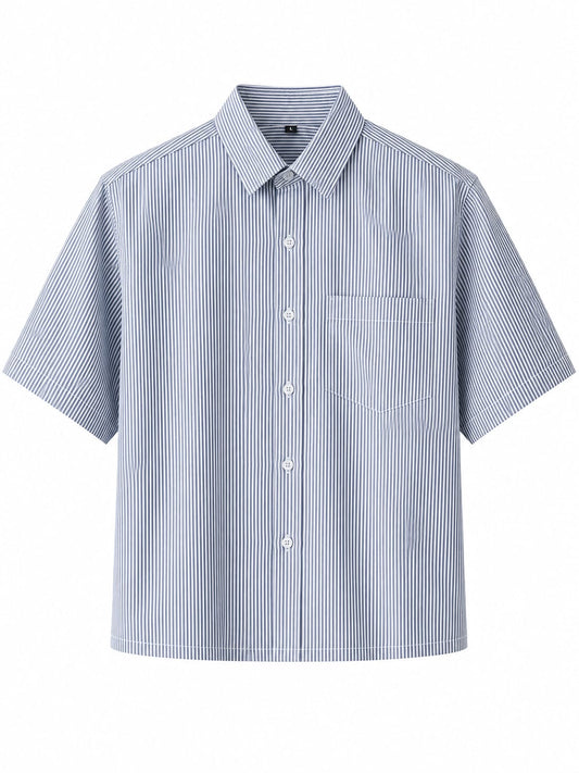 OFFGRIDS Unisex Blue Striped Boxy Shirt | Premium Oversized Half Sleeve Streetwear Shirt