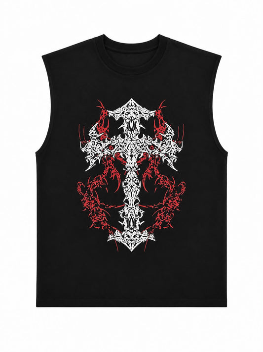 OFFGRIDS Unisex Gothic Cross Oversized Tank Top | Premium Sleeveless Streetwear Tee