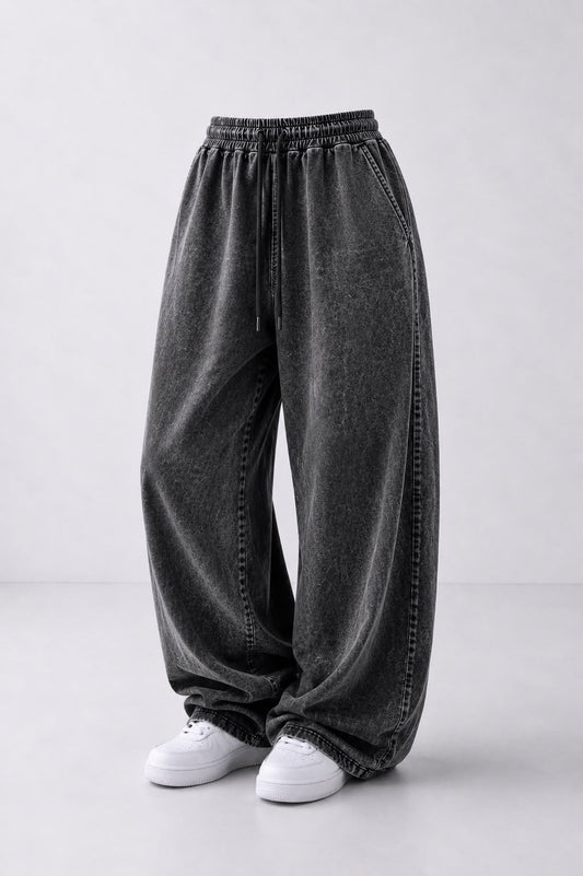 Grey Acid Wash Printed Baggy Track Pants