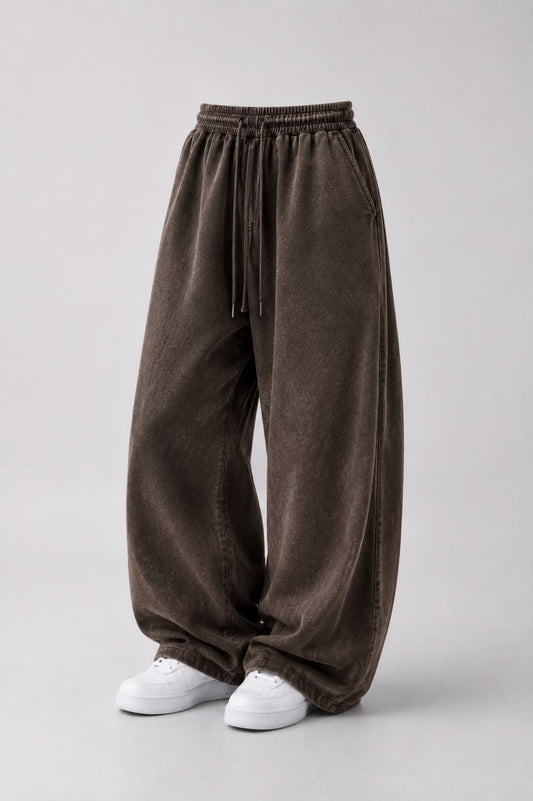 Brown Acid Wash Baggy Track Pants