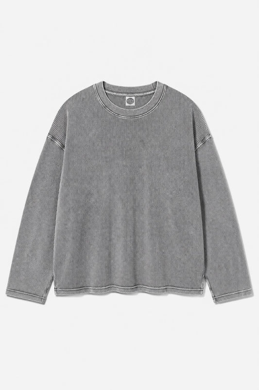 Grey Acid Wash Waffle Full Sleeves T-Shirt