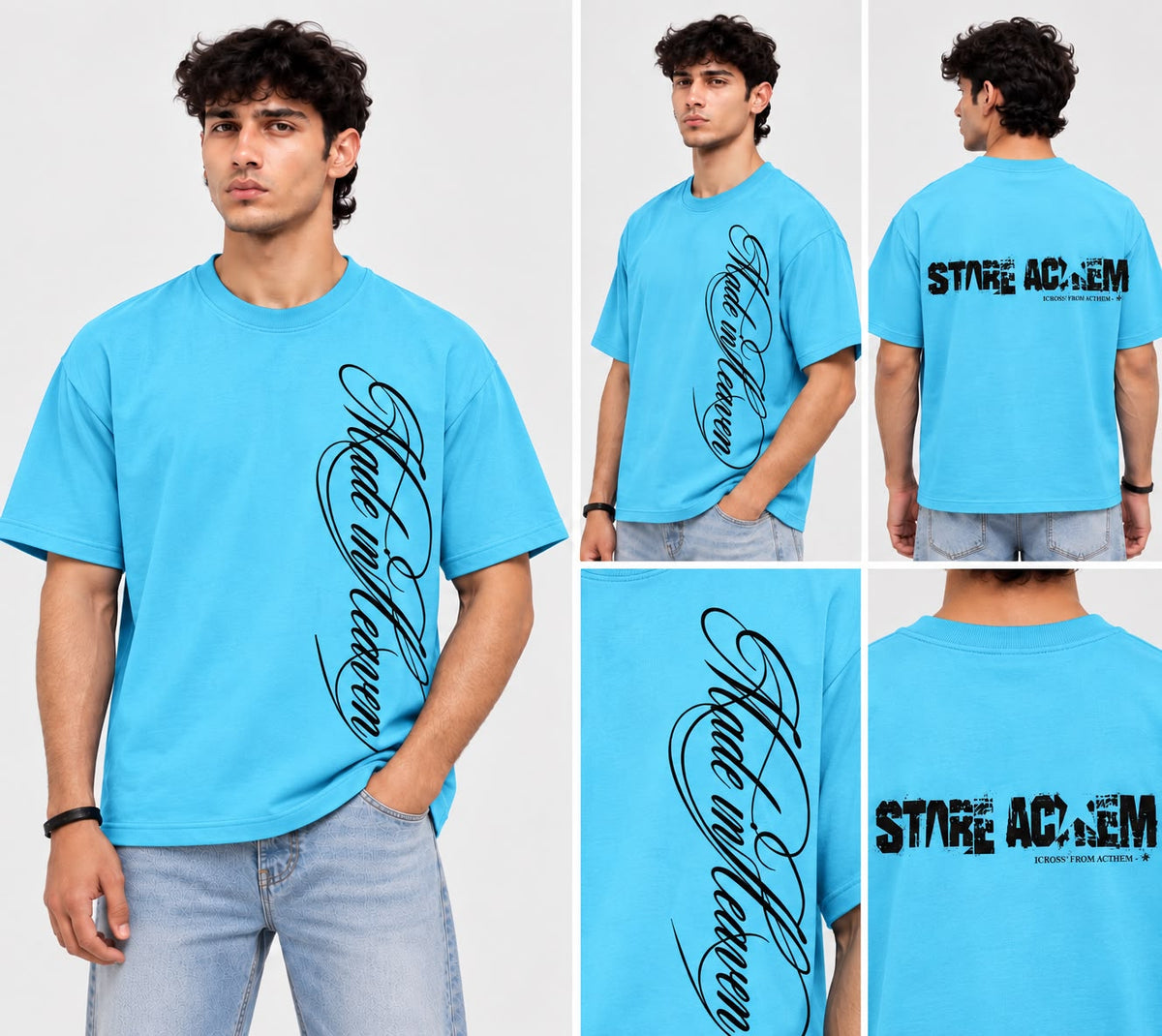 “Stare Anthem” Oversized Graphic T-Shirt – Aqua Blue